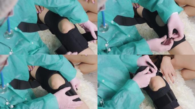 由于扭伤，医生在病人受伤的腿上用专门的绷带来恢复。