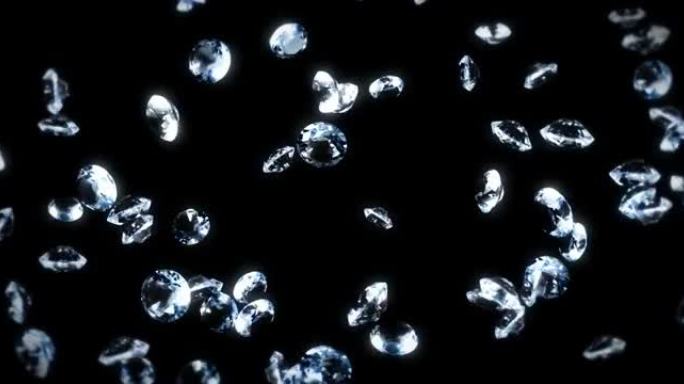 在黑色背景上飞行许多珠宝钻石。闪耀透明、珍贵的宝石。辉煌钻石旋转的3D动画。循环动画。