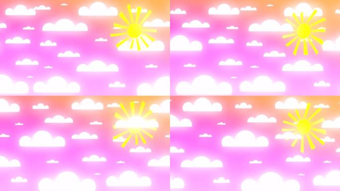 4K 3D动画，日落时分明亮的粉红色夏日天空与纸云。