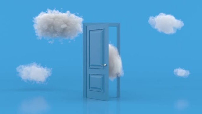 白云穿过，飞出，打开蓝色的门，物体被隔离在明亮的蓝色背景上。抽象隐喻，现代最小概念。超现实的梦境。3