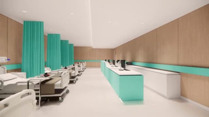 3d渲染。医院内部现代设计。柜台和等候区空接待医疗实践
