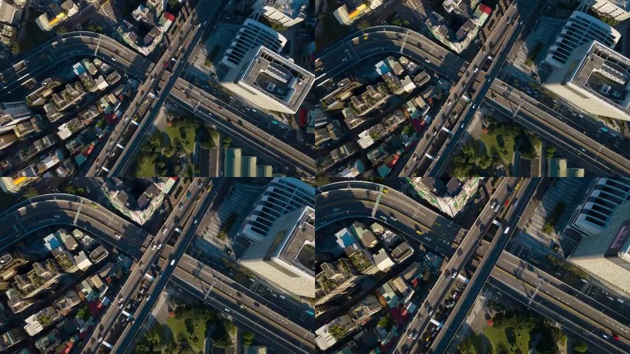 晴天台北城市景观交通十字路口空中俯视4k延时台湾