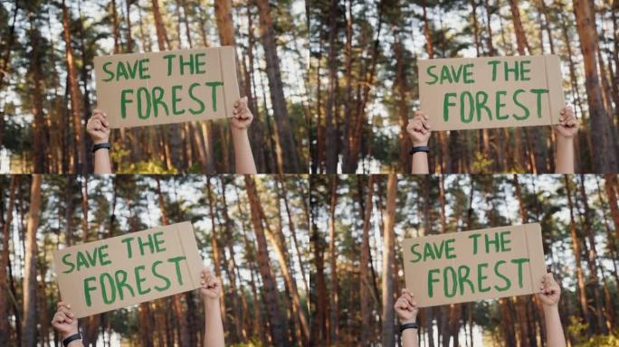 手拿着纸板海报，上面写着拯救森林的信息