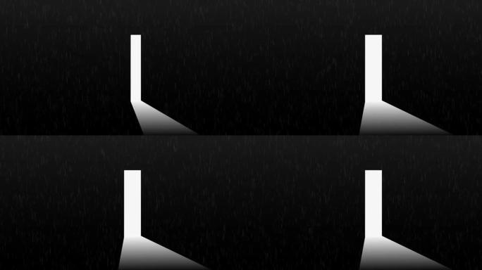 雨和开门移动动画。敞开的门发出白光。复古黑色。横向构图，4k视频质量