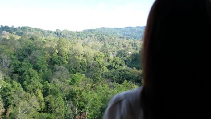 一位女性旅行者的后视图，看着美丽的绿色山景