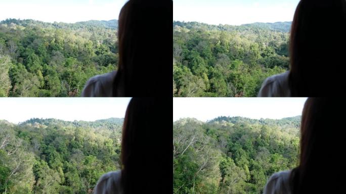 一位女性旅行者的后视图，看着美丽的绿色山景