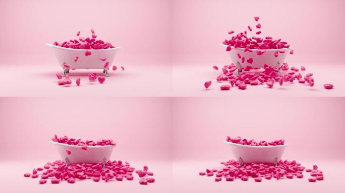 杰出的粉红色心形落在粉红色房间背景的经典浴缸上。3D动画。情人节概念。