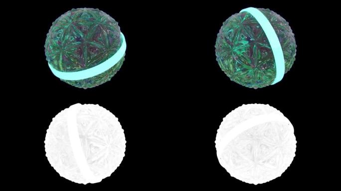 霓虹轨道变形的未来派几何球。氖轨道围绕果冻玻璃纹理球体移动。具有alpha通道的无缝模式。