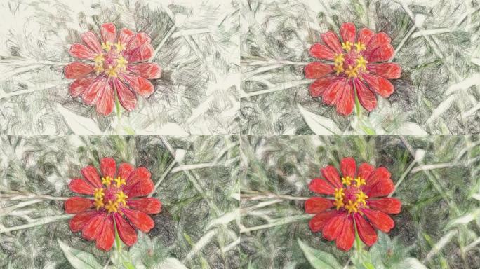 自然花园中红色百日草花的绘制颜色
