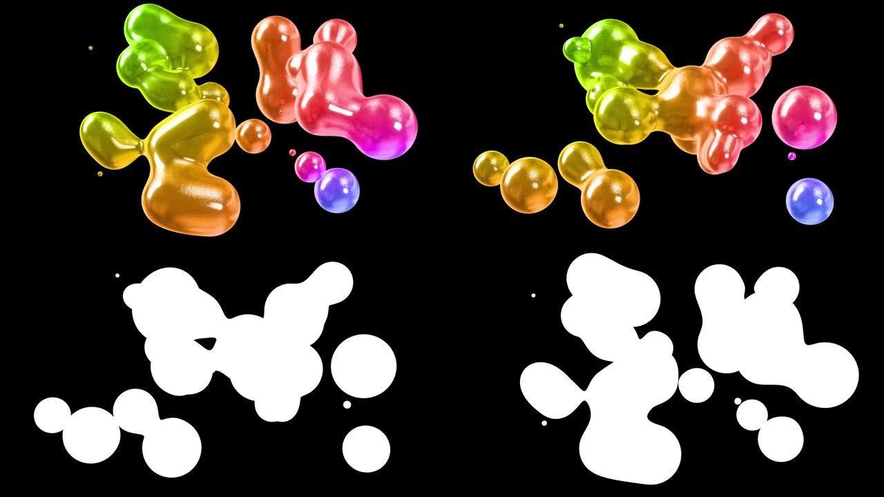 amasing metaballs的抽象背景，就像玻璃滴或充满火花的球体融合在一起，并且散射在4k中