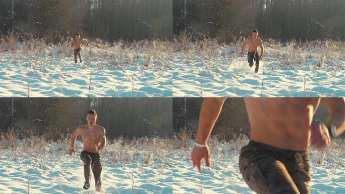 赤裸上身的健身男在雪地里奔跑