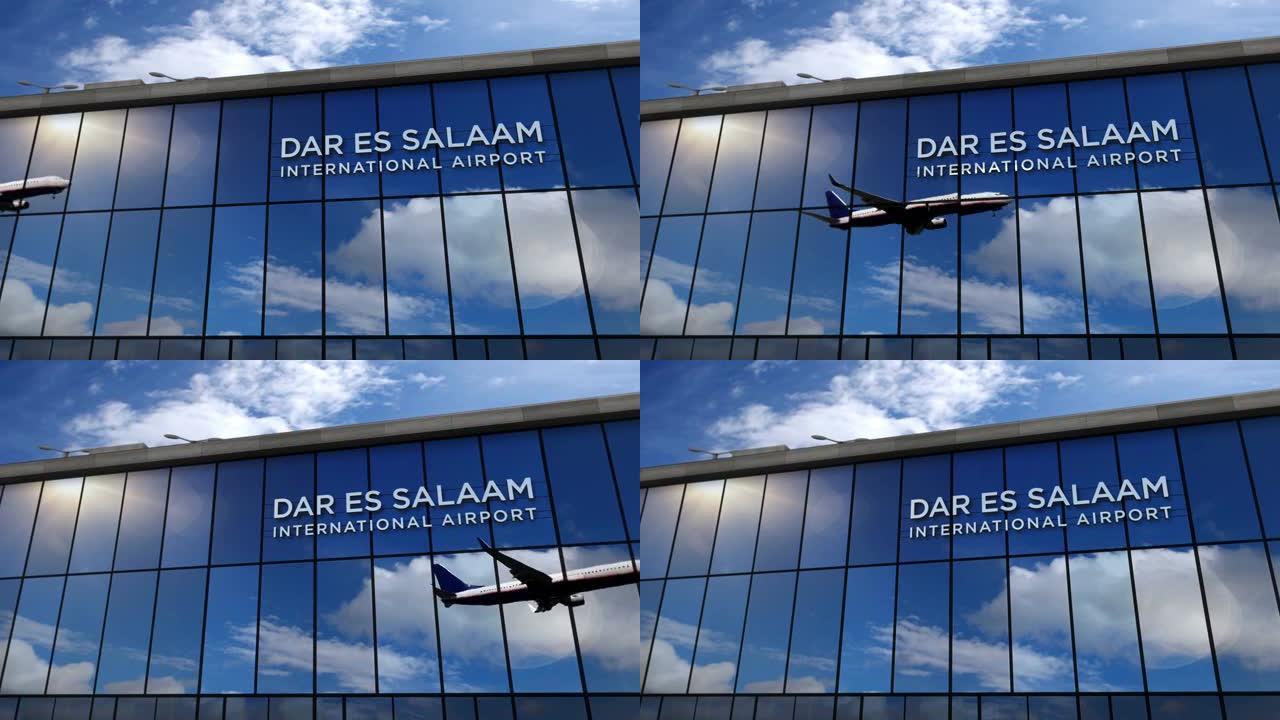 飞机降落在坦桑尼亚达累斯萨拉姆机场，在航站楼中镜像