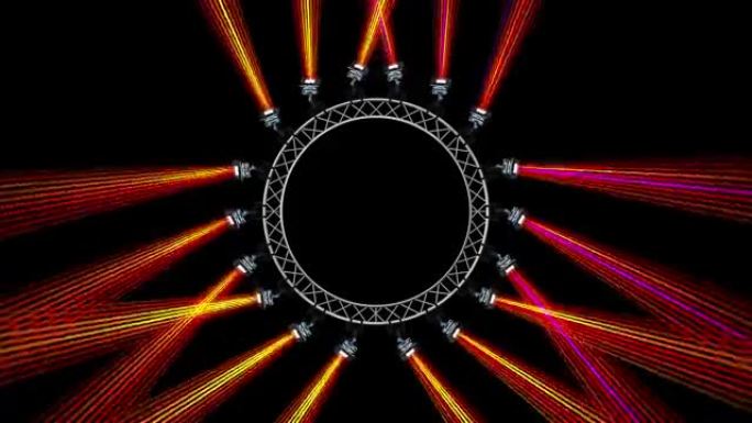 来自圆形桁架上照明灯具的光束。红黄火光闪烁并移动。表演、派对或迪斯科的动画。