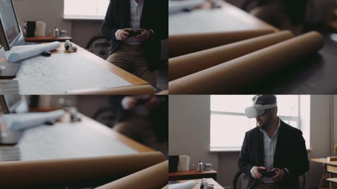 男性建筑师使用VR耳机拍摄的中景，以更好地了解设计空间