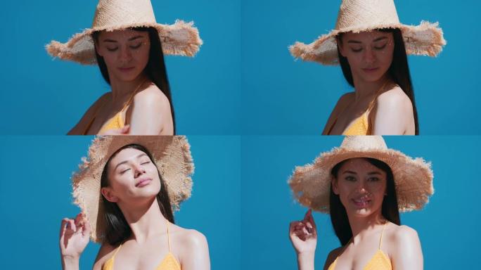 年轻的亚洲妇女将防晒霜涂在肩膀上享受阳光