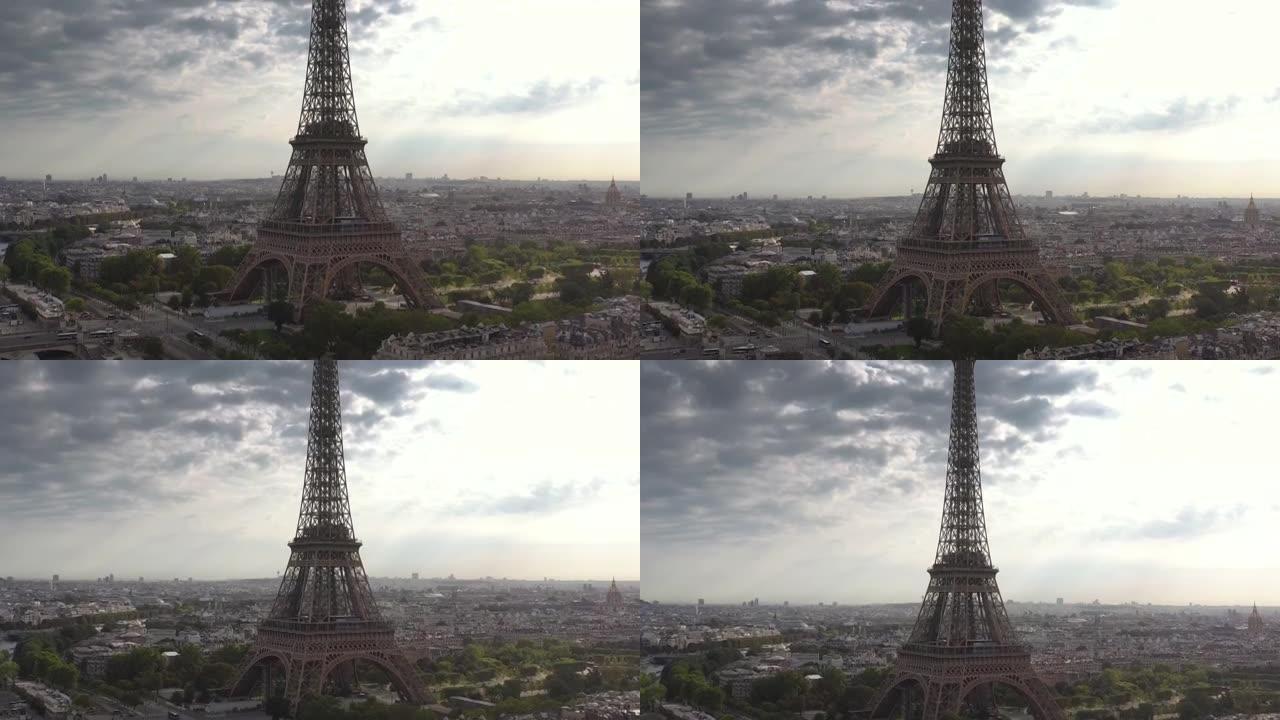 阴天巴黎市中心著名塔楼广场河畔空中全景4k法国