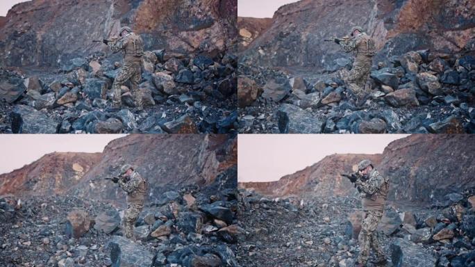 一名全副武装的士兵手持突击步枪在峡谷中移动，这是一次特殊行动。