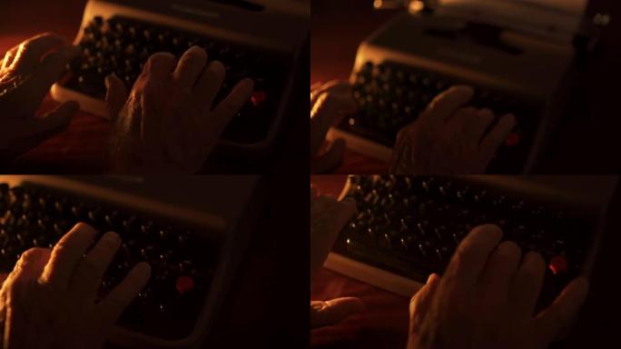 退休老人在黑暗的房间里用老式打字机打字，温暖的老式背光，资深作家在家工作，在打字机上写侦探书。老手打
