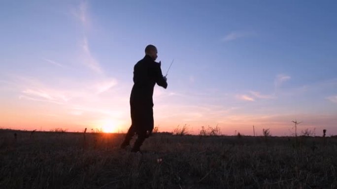 年轻男性功夫战士的剪影