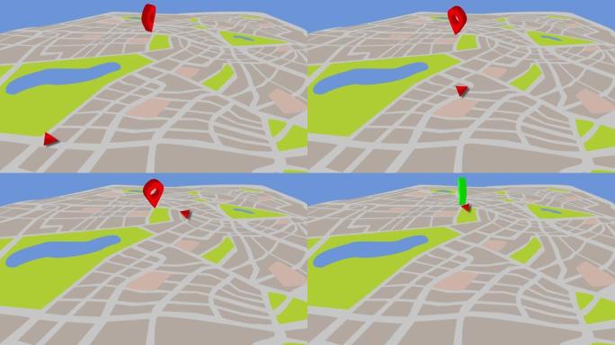 出租车或出租车代理的3D地图动画，带旋转针气泡。4k地图背景。GPS概念。