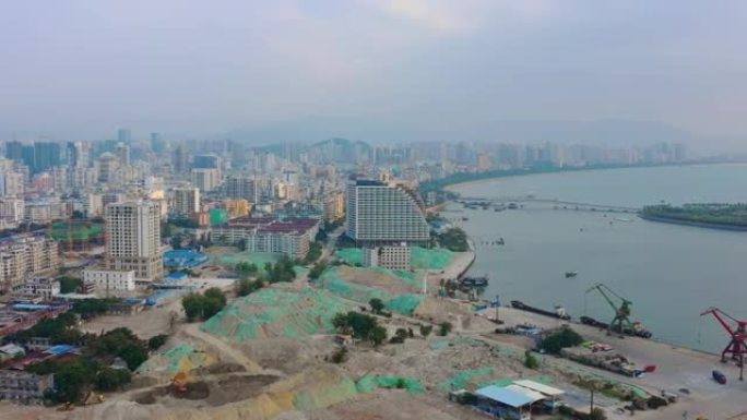 海南岛三亚湾酒店建设空中全景4k中国