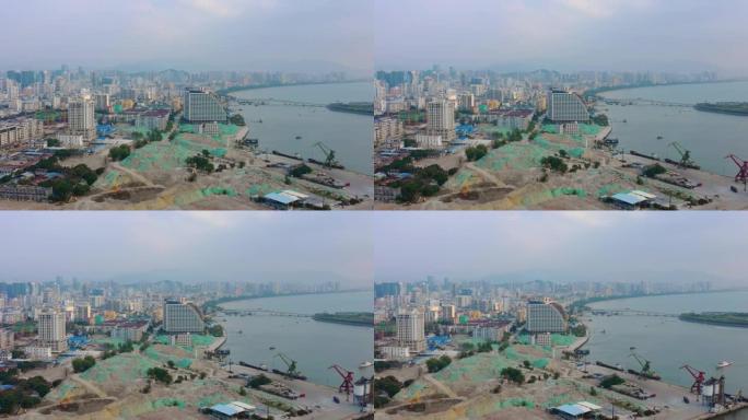 海南岛三亚湾酒店建设空中全景4k中国