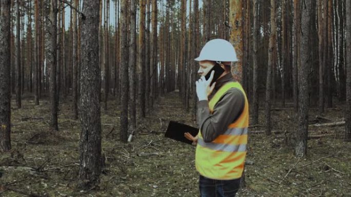 工程师检查员在伐木前通过电话谈论森林的情况。头目头目戴着头盔和背心的手势挥舞着双手，训斥或责骂下属。
