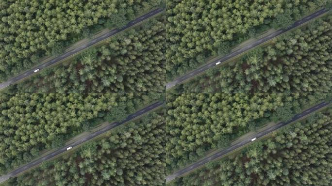 在笔直的乡村道路上行驶的几辆汽车的鸟瞰图。