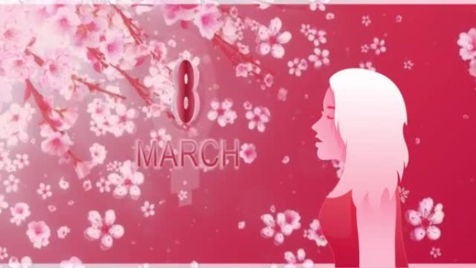 3月8日国际妇女节快乐设计背景。可爱的女孩看着樱花落下。女性性别符号和妇女节快乐2021信。4K 3