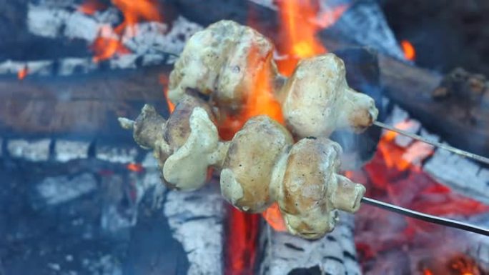 男人在明火和一个角落里油炸并在自然界的烤串上翻翻白蘑菇香菇，特写镜头。户外Pecknik概念。在火上