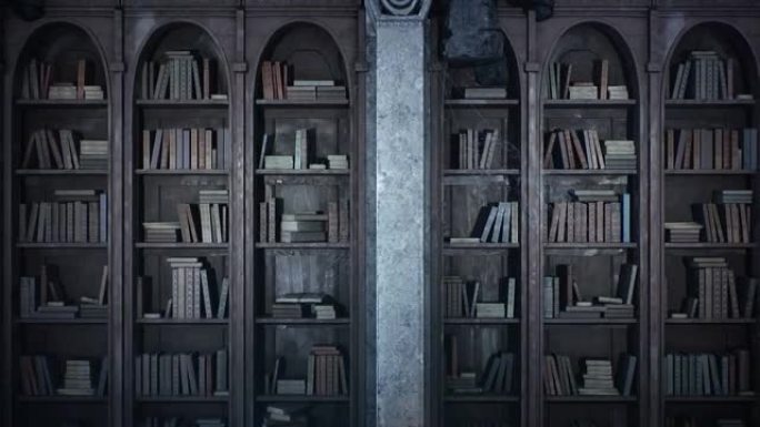 一个古老的中世纪图书馆，有旧书和蜘蛛网覆盖的书架。无缝循环动画是为幻想，魔法或历史背景。