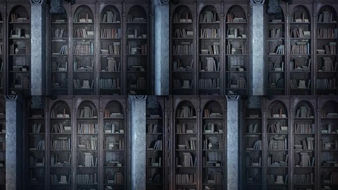 一个古老的中世纪图书馆，有旧书和蜘蛛网覆盖的书架。无缝循环动画是为幻想，魔法或历史背景。
