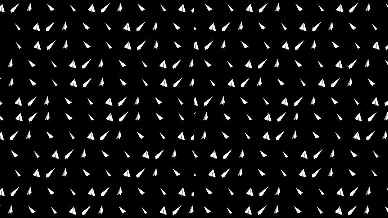 手工纸飞机收藏。黑色背景上流动的白纸平面的循环动画。业务连接概念。折纸飞机飞行。