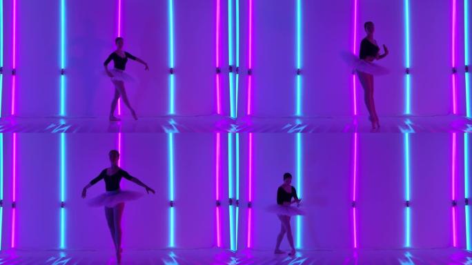专业芭蕾舞演员在摄影棚中tip脚在明亮的蓝色和粉红色霓虹灯管的背景下表演舞步。经典ablet的编舞。