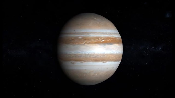 现实的木星行星在太空中旋转，在恒星之间，4k循环