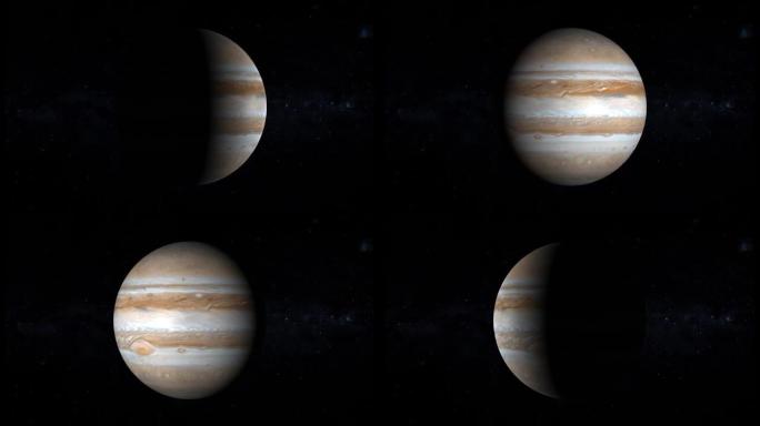 现实的木星行星在太空中旋转，在恒星之间，4k循环