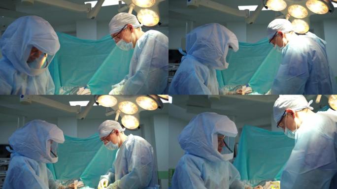 医院的医务工作者。穿着无菌制服的专业医生在手术室做手术。大流行结束。