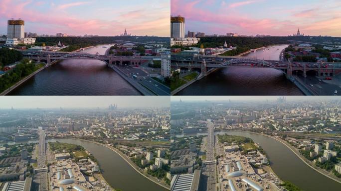 日落莫斯科河和阳光明媚的城市景观空中全景4k超延时俄罗斯