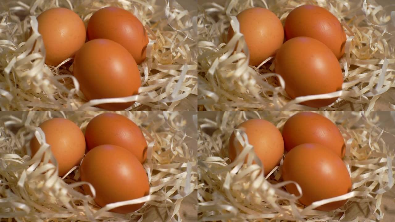 稻草窝里有三个鸡蛋。从上面Close-up.view