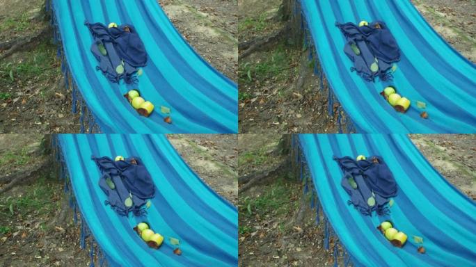 蓝色纺织吊床在夏季花园中swways