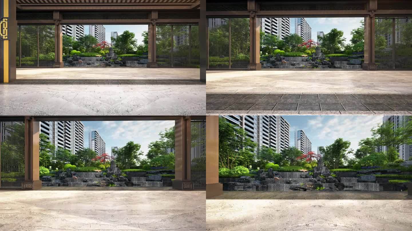 新中式小区入户水景园林动画素材