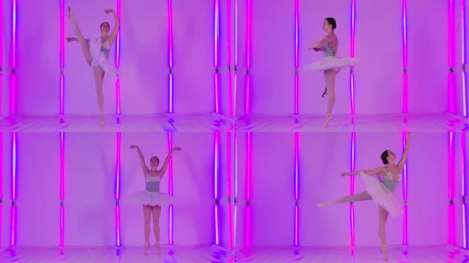 一位优雅的芭蕾舞演员在明亮的霓虹灯的背景下，在工作室里跳古典芭蕾舞。女孩进行垂直分裂，舞步和旋转。慢