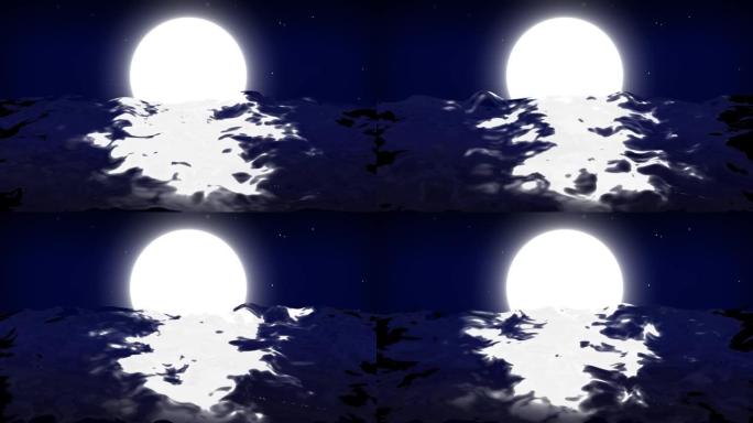 月球和海洋的3D动画。大海反射着月亮的光芒。