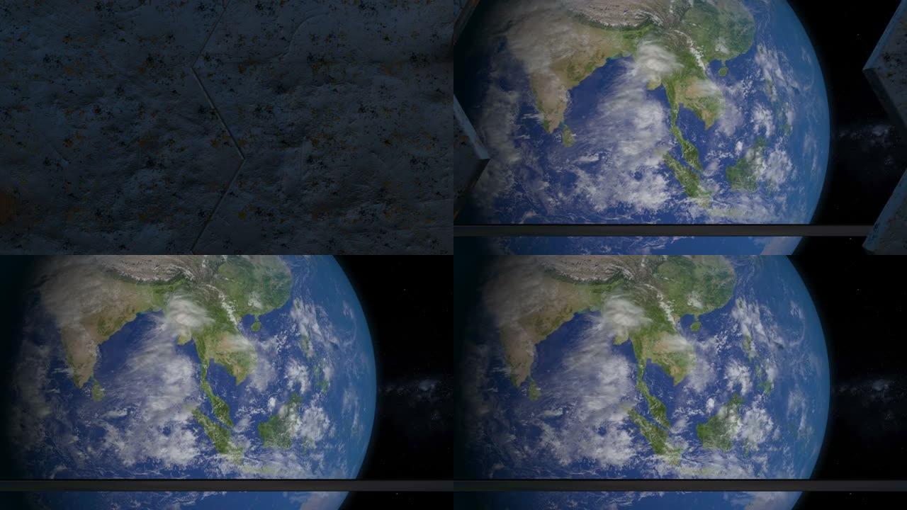 星舰中开启铁门的3d动画。金属网关从宇宙飞船打开地球行星的全景。