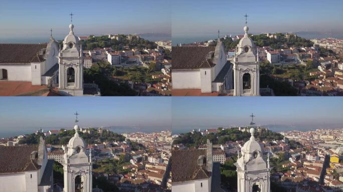 阳光灿烂的里斯本著名圣乔治城堡航空全景4k葡萄牙