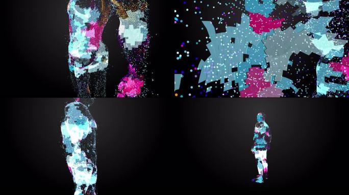 人的图像和未来机器人的小颗粒的3d动画。看人体中间的小颗粒