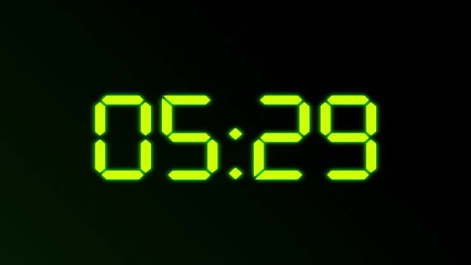 数字钟从十数到一数。倒计时计时器十秒。黑暗背景上的绿色发光数字