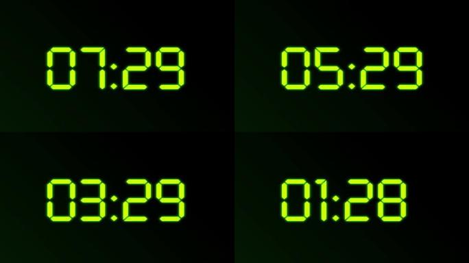 数字钟从十数到一数。倒计时计时器十秒。黑暗背景上的绿色发光数字