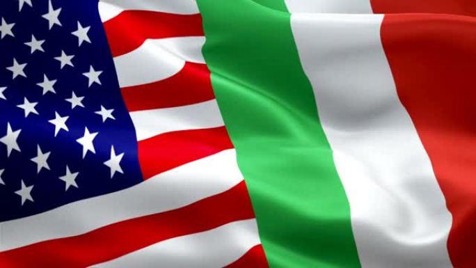 美国和意大利国旗特写镜头1080p全高清1920X1080镜头视频在风中挥舞。3d美国vs意大利国旗