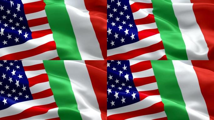 美国和意大利国旗特写镜头1080p全高清1920X1080镜头视频在风中挥舞。3d美国vs意大利国旗